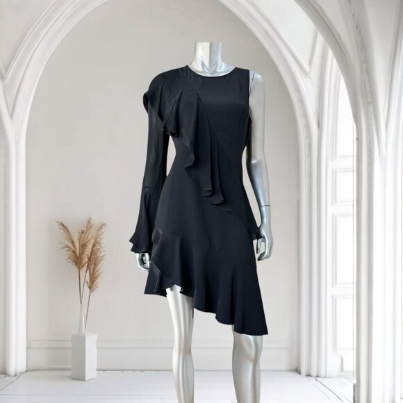 Parker Black Asymmetric Silk Blend Ruffled One-Sleeve Dress  8 - Picture 3 of 9